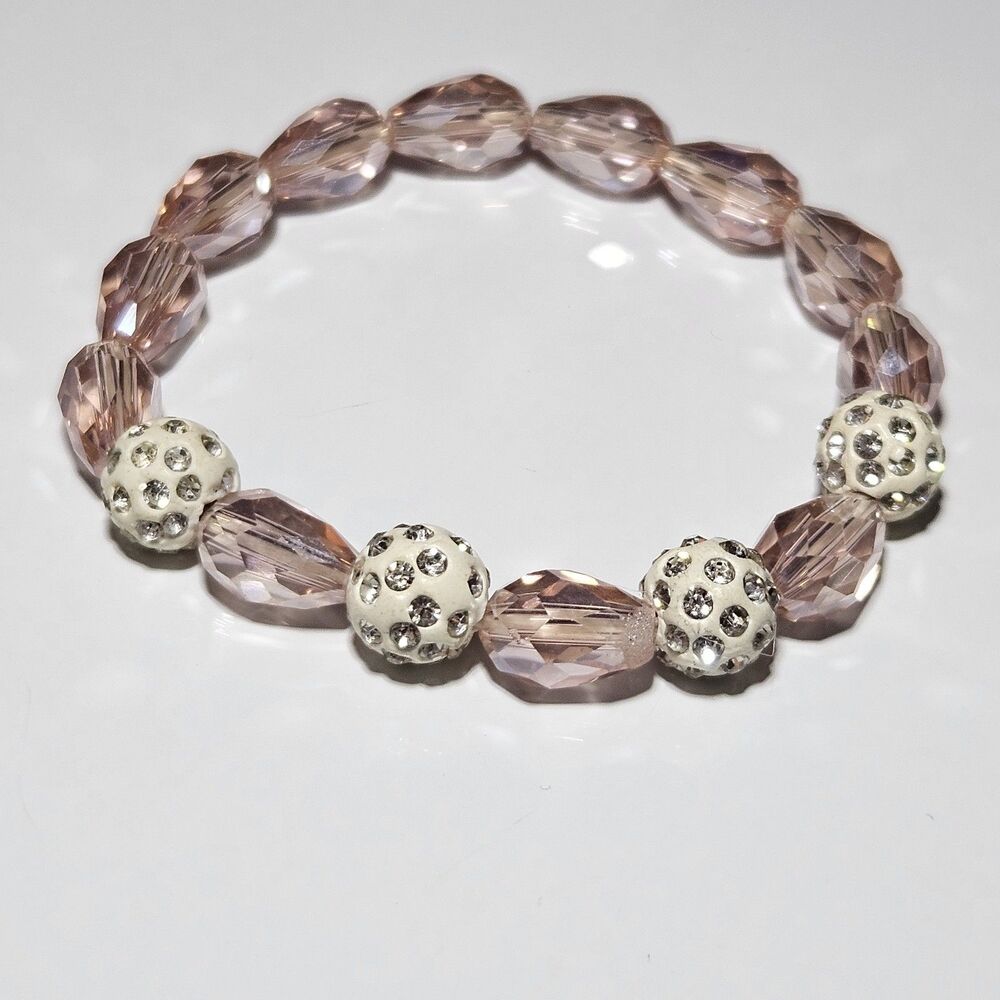 Pink Faceted Glass Beaded Stretch Bracelet With White 7"
